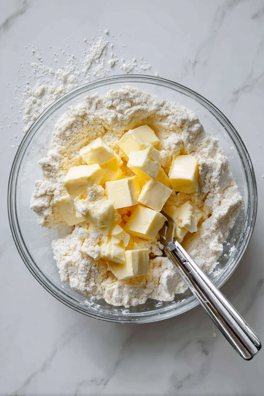 Cut in cold butter until mixture turns crumbly.