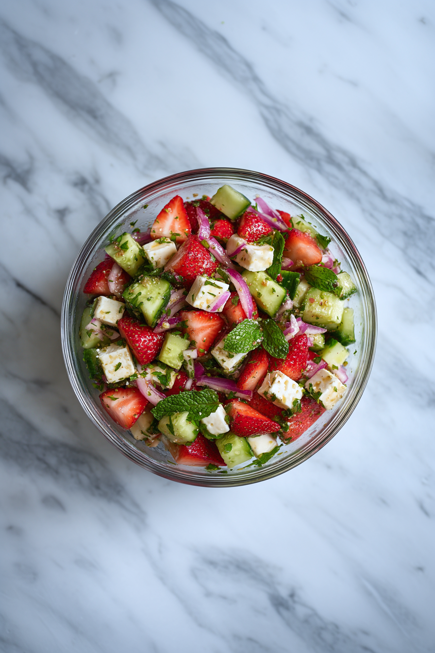 Chill for 15–30 minutes before serving for best flavor. Easy Summer Cucumber Strawberry Salad Recipe!