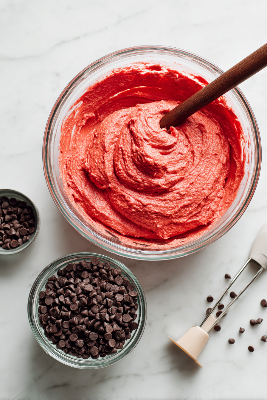 Fold in mini chocolate chips and divide batter evenly into pans.