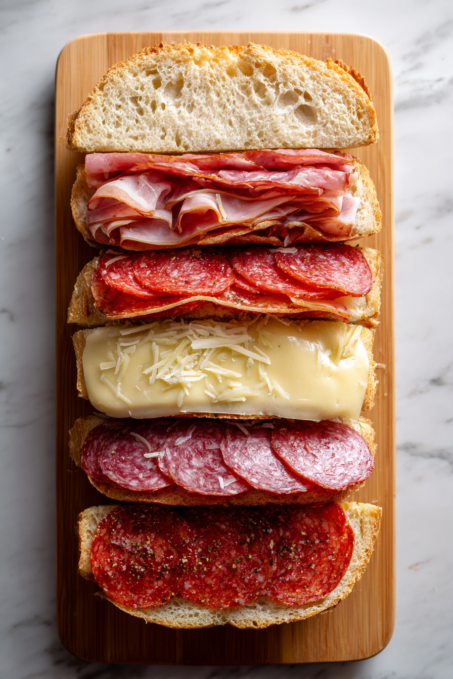 On the bottom half of the loaf, layer provolone, ham, soppressata, salami, and pepperoni.