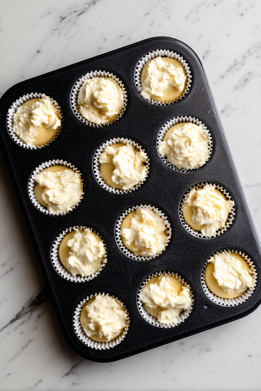 Layer: Fill muffin cups halfway with batter, add a spoonful of cream cheese filling, then top with more batter. Sprinkle crumble on top.