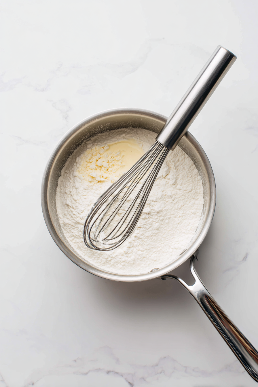 In a saucepan, melt butter, whisk in flour, then slowly add broth to make a roux.