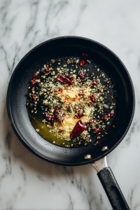 Heat oil or ghee in a small pan for tadka. Add cumin seeds, garlic, dry red chilies, and a pinch of hing. Let it sizzle.