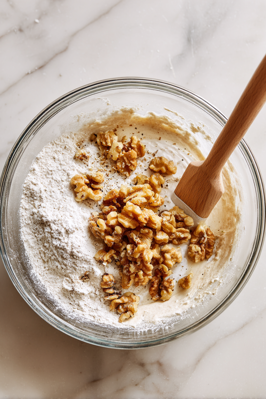 Fold in chopped rhubarb and walnuts gently.