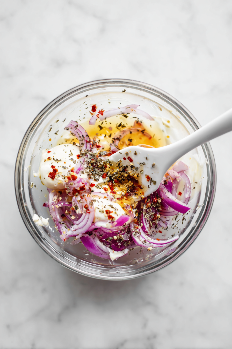 In a mixing bowl, whisk together mayo, red wine vinegar, garlic, oregano, chili flakes, salt, pepper, pepperoncini, and red onion.