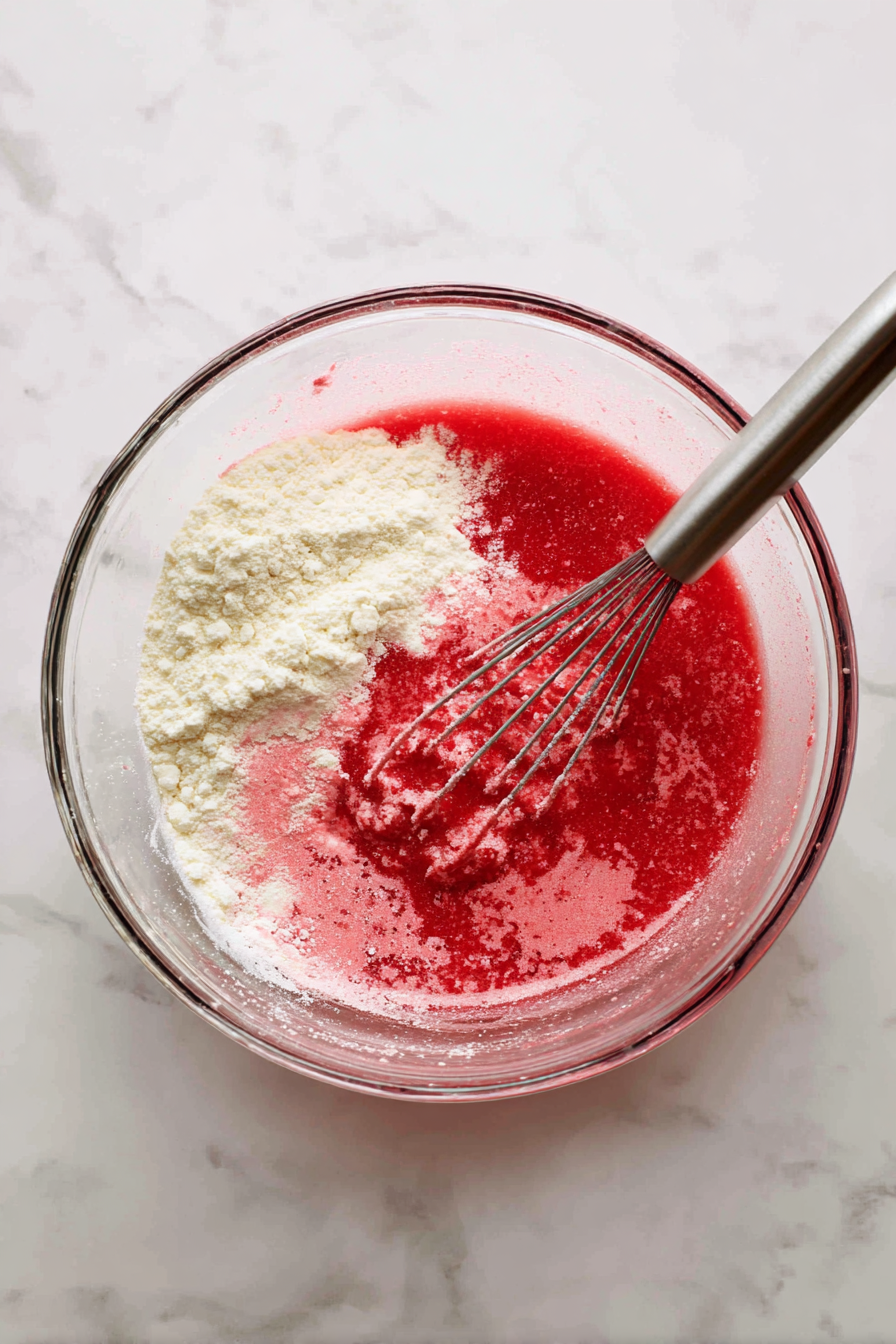 Mix in buttermilk, vanilla, red gel food coloring, and dry ingredients.