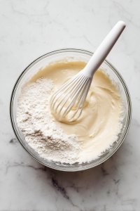 Mix in sour cream and milk, then fold in dry ingredients until smooth.