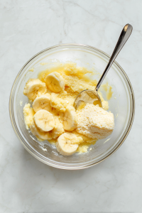 Add softened butter, sugar or maple syrup, egg, and vanilla; mix well.