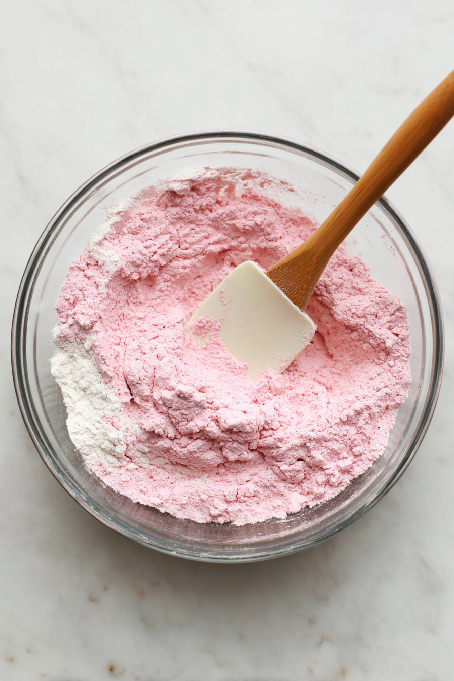 Mix in the strawberry powder and flour until dough forms.