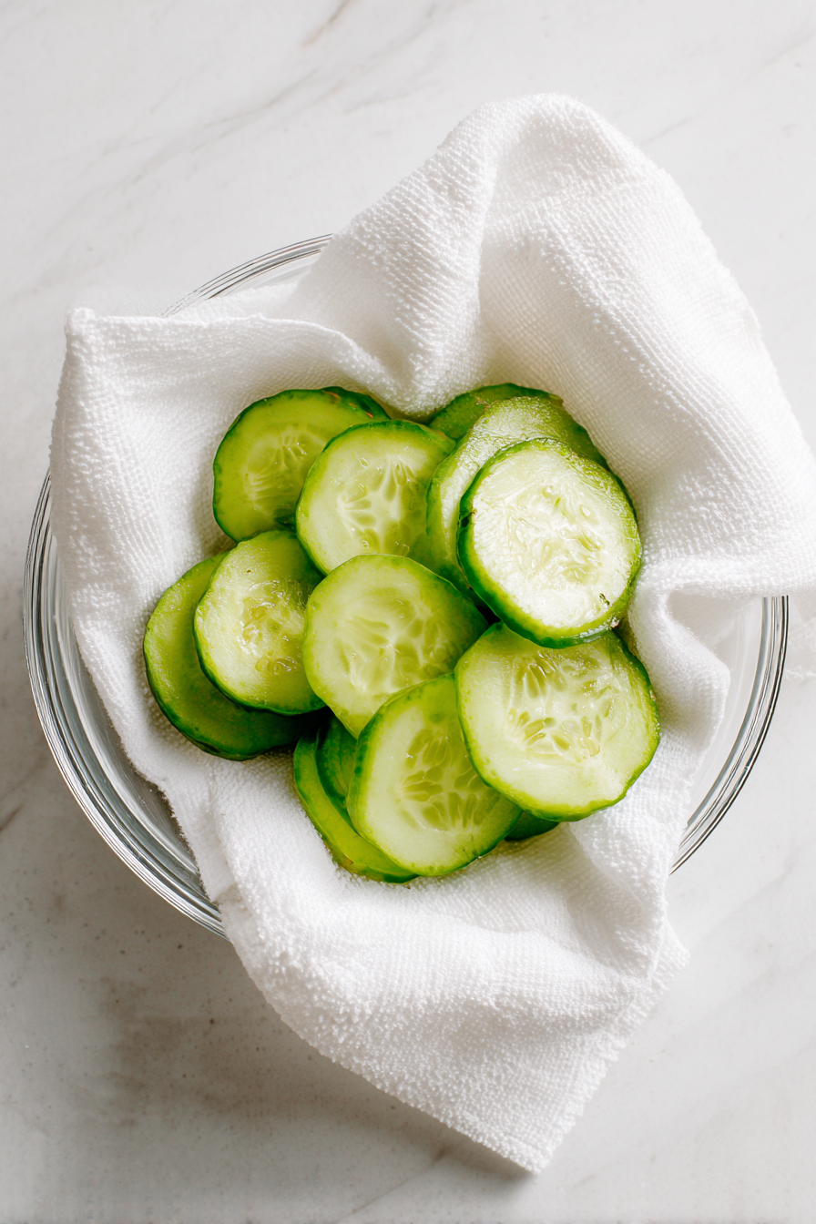 Drain the cucumbers and pat dry lightly.