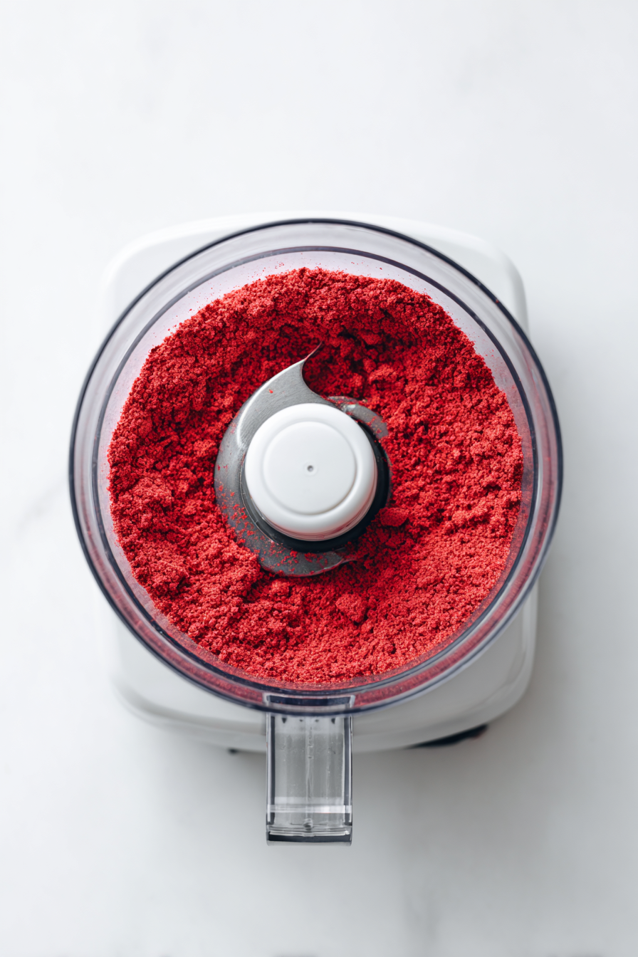 Pulse freeze-dried strawberries into powder using a blender or food processor.