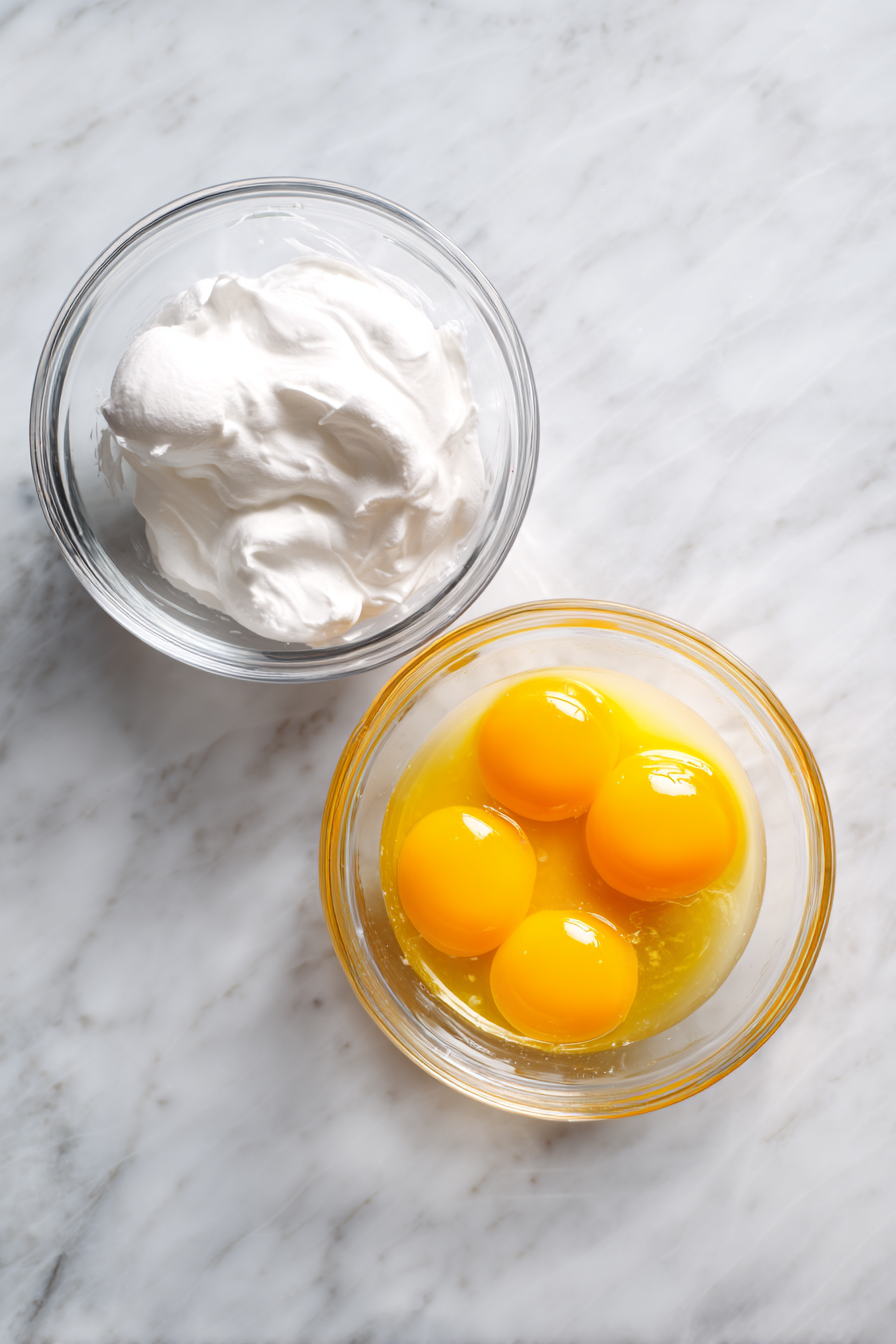Separate the egg whites and yolks into two clean bowls.