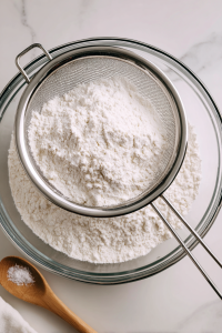In a separate bowl, sift cake flour and baking powder together.