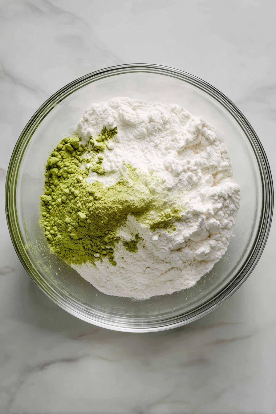 Sift cake flour, sugar, matcha, baking powder, and salt in a bowl.