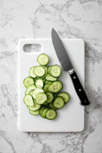 Slice cucumbers into thin half-moons or quarters.