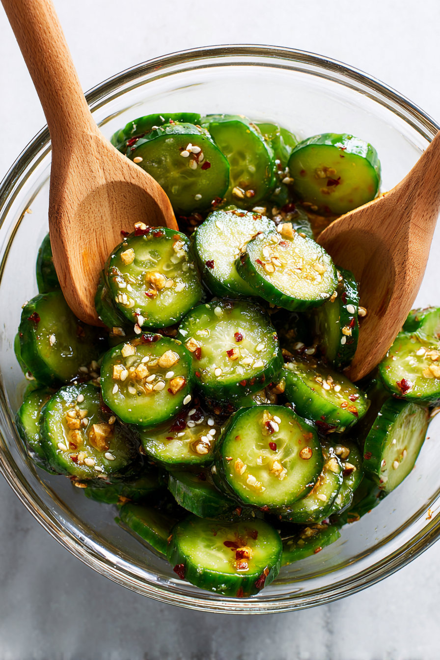Add cucumbers to the dressing and toss well.