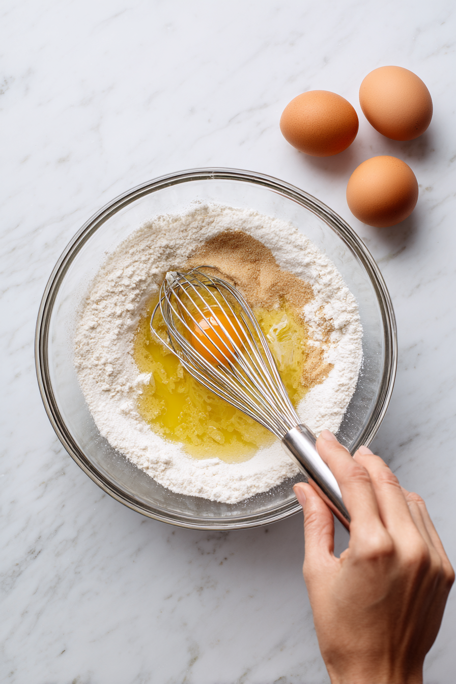 In a large bowl, whisk together the egg, 1½ cups brown sugar, oil, vanilla, and the curdled milk.Add flour, salt, and baking soda. Mix until just combined.