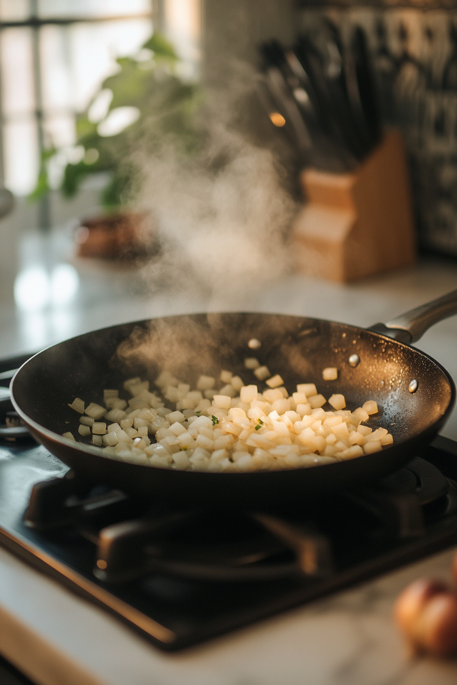 large skillet, sauté chopped onion