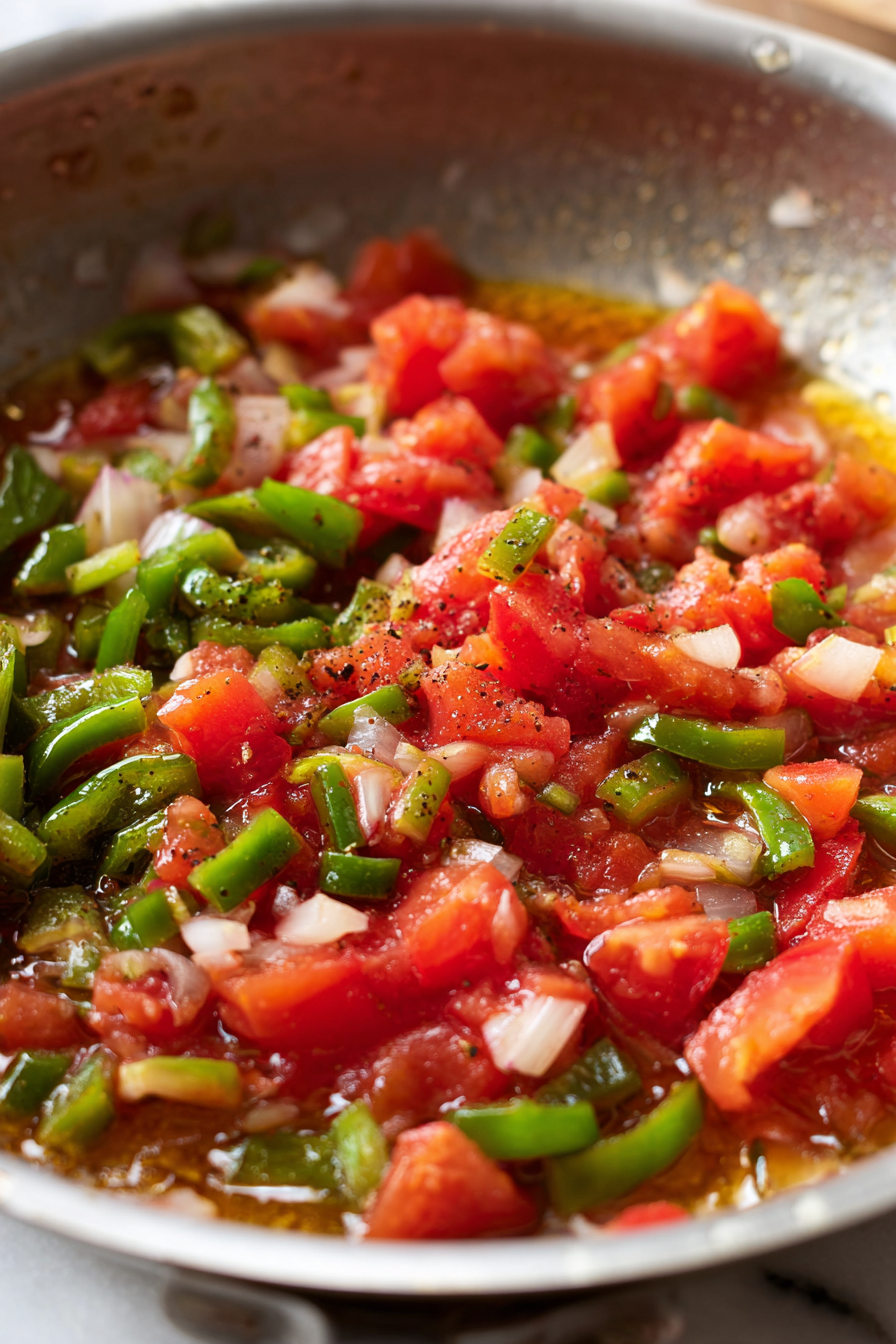 Add chopped tomatoes and roasted chiles