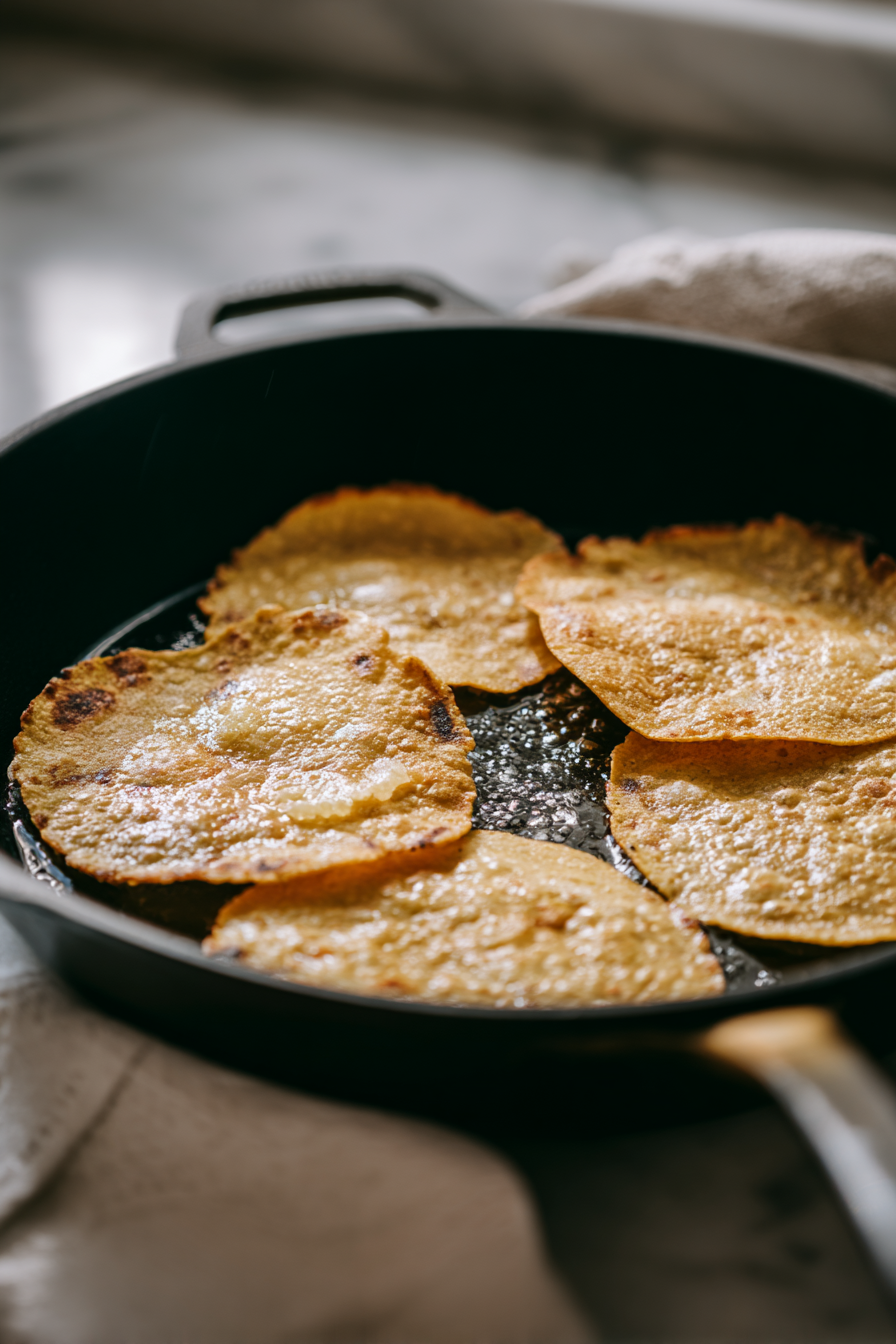 Fry each corn tortilla for 20–40 seconds per side