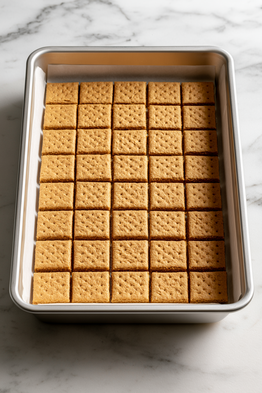 Place half of the graham crackers evenly in the bottom of the pan